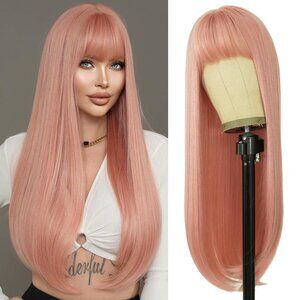 Long Straight Light Pink Wig with Bangs 28in Wig with Pale Orange Synthetic Wigs